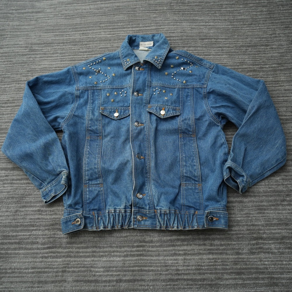 On The Verge Denim Jacket Women Vintage Stars Hearts Pockets Blue Jean‎ XL